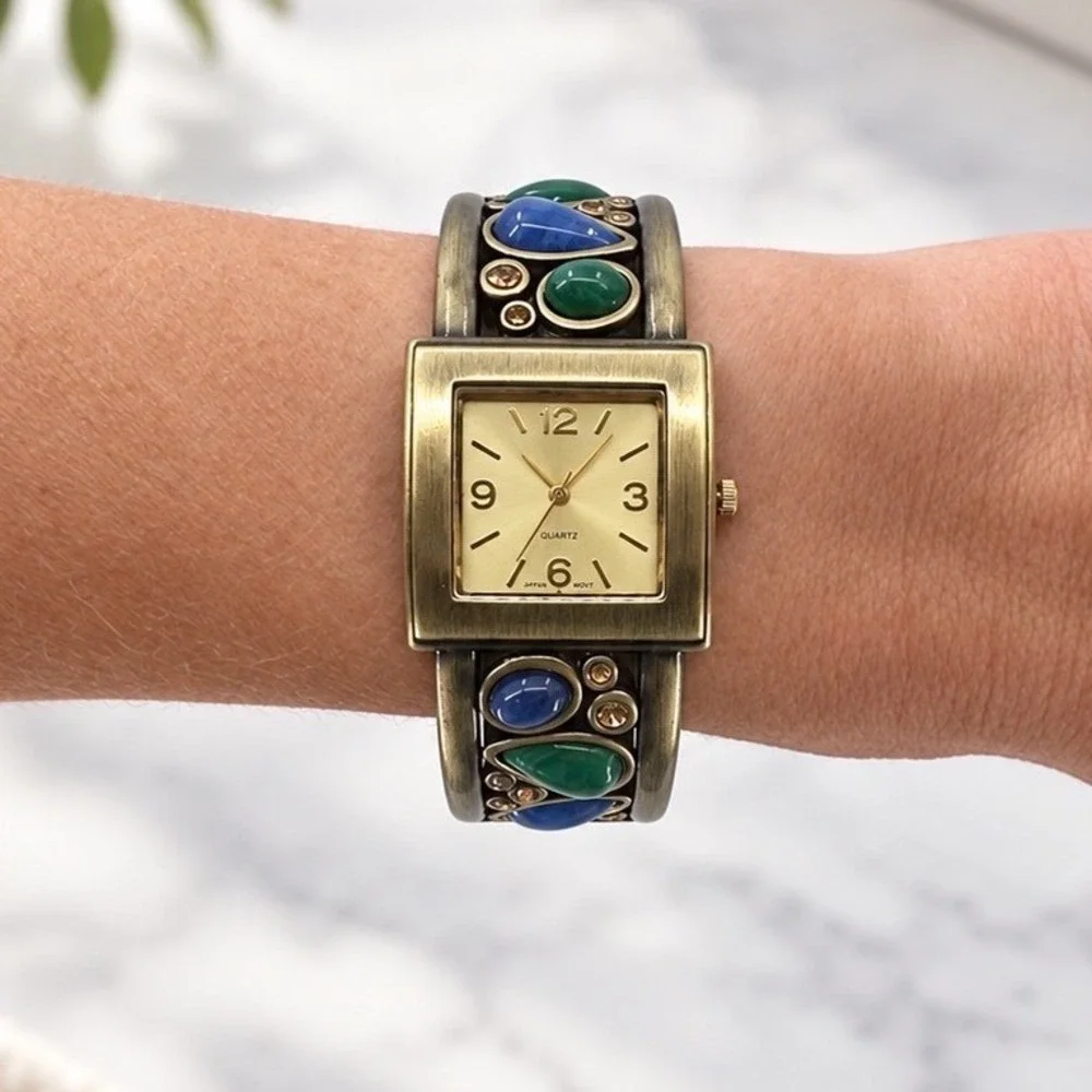 Vintage Womens Cuff Bracelet Watch Cabochon Gold Tone Square Face New Battery